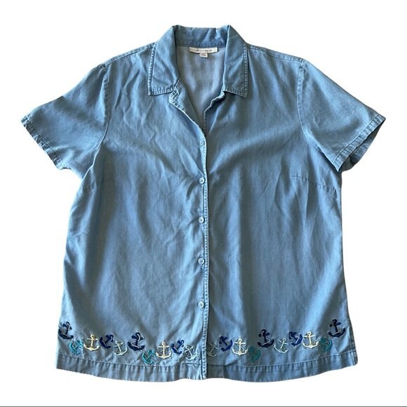JM Collection Chambray Nautical Embroidered Anchor Button Up Shirt US 14 - Picture 1 of 6